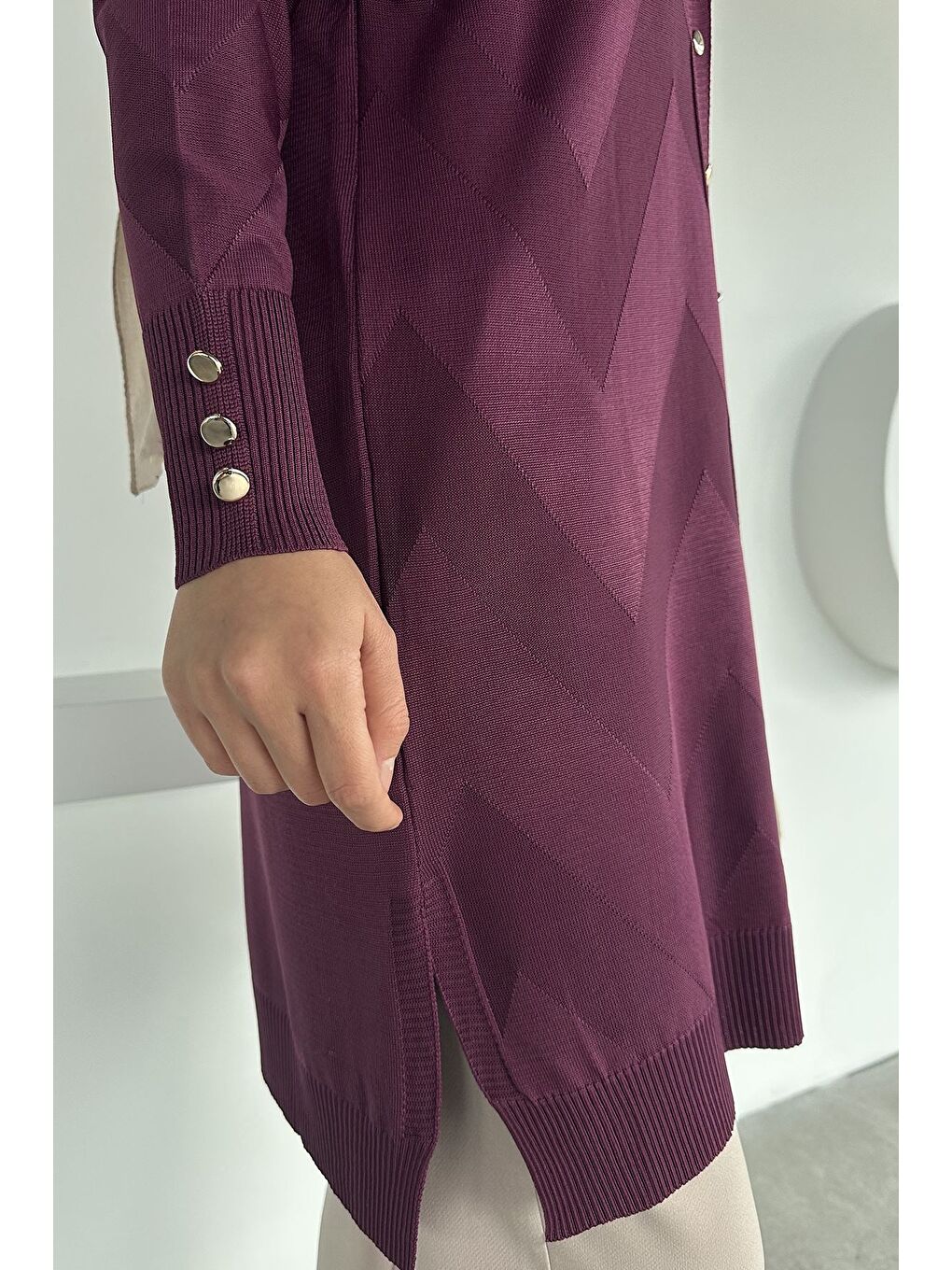 Mürdüm Ön Düğmeli Desenli Tesettür Triko Hırka (m-l-xl Uyumludur)-7