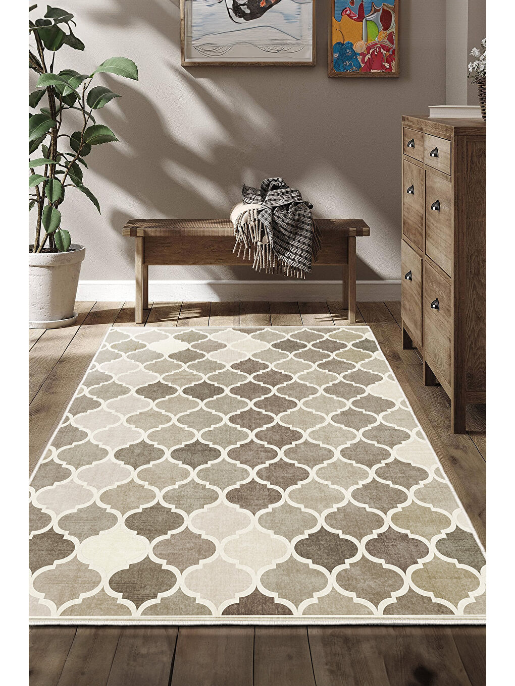 Kahverengi Dekoratif Özel Tasarım Yıkanabilir İnce Kaymaz Tabanlı Modern Halı KECE FR20-1