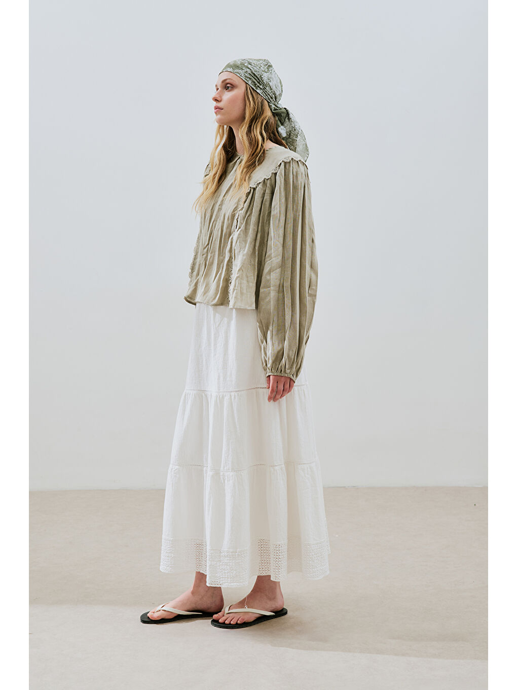 Keten Crush Efektli Bluz Yeşil-5