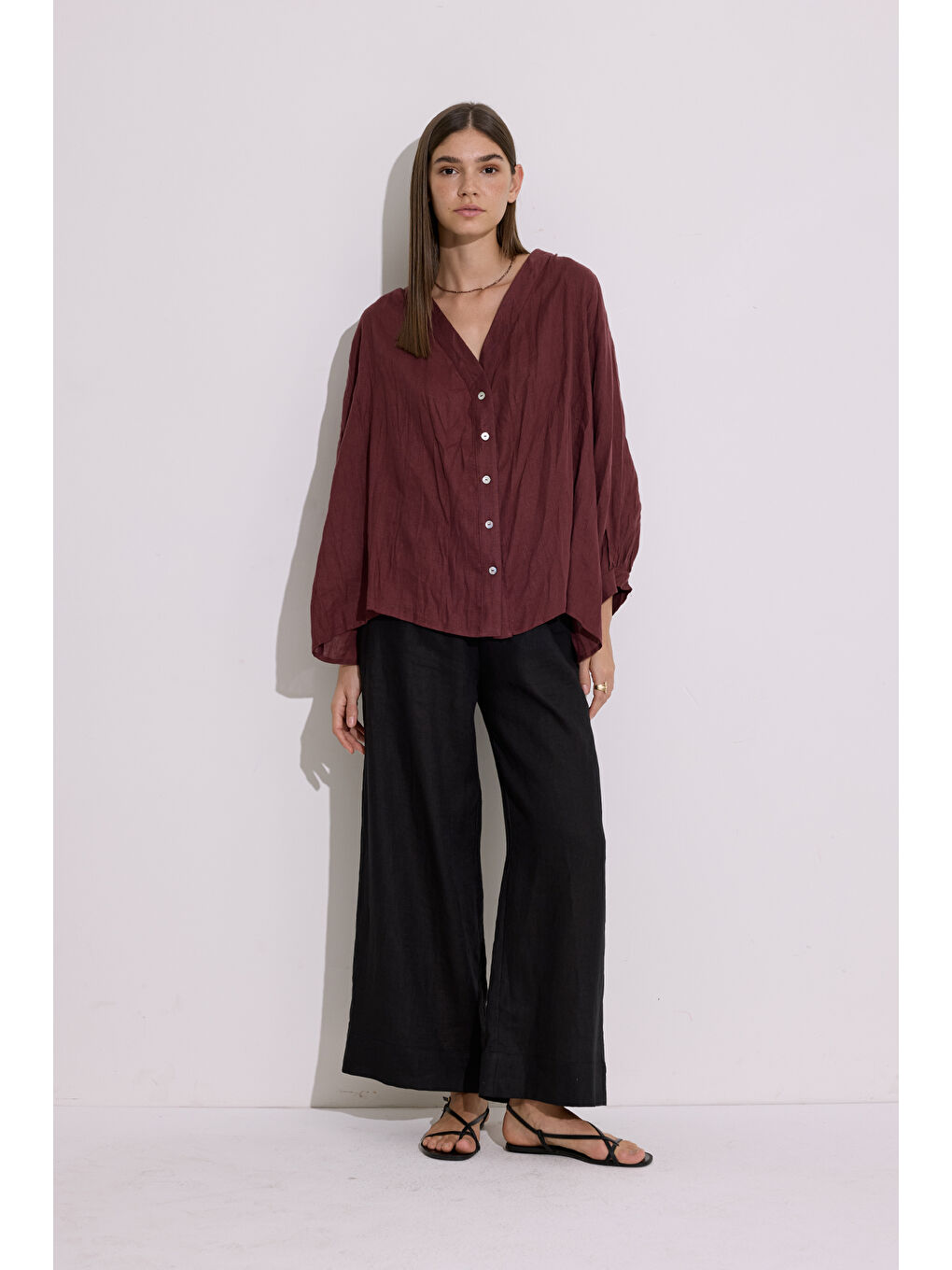 Mürdüm Keten Crush Düğmeli Bluz Erik Çürüğü-3