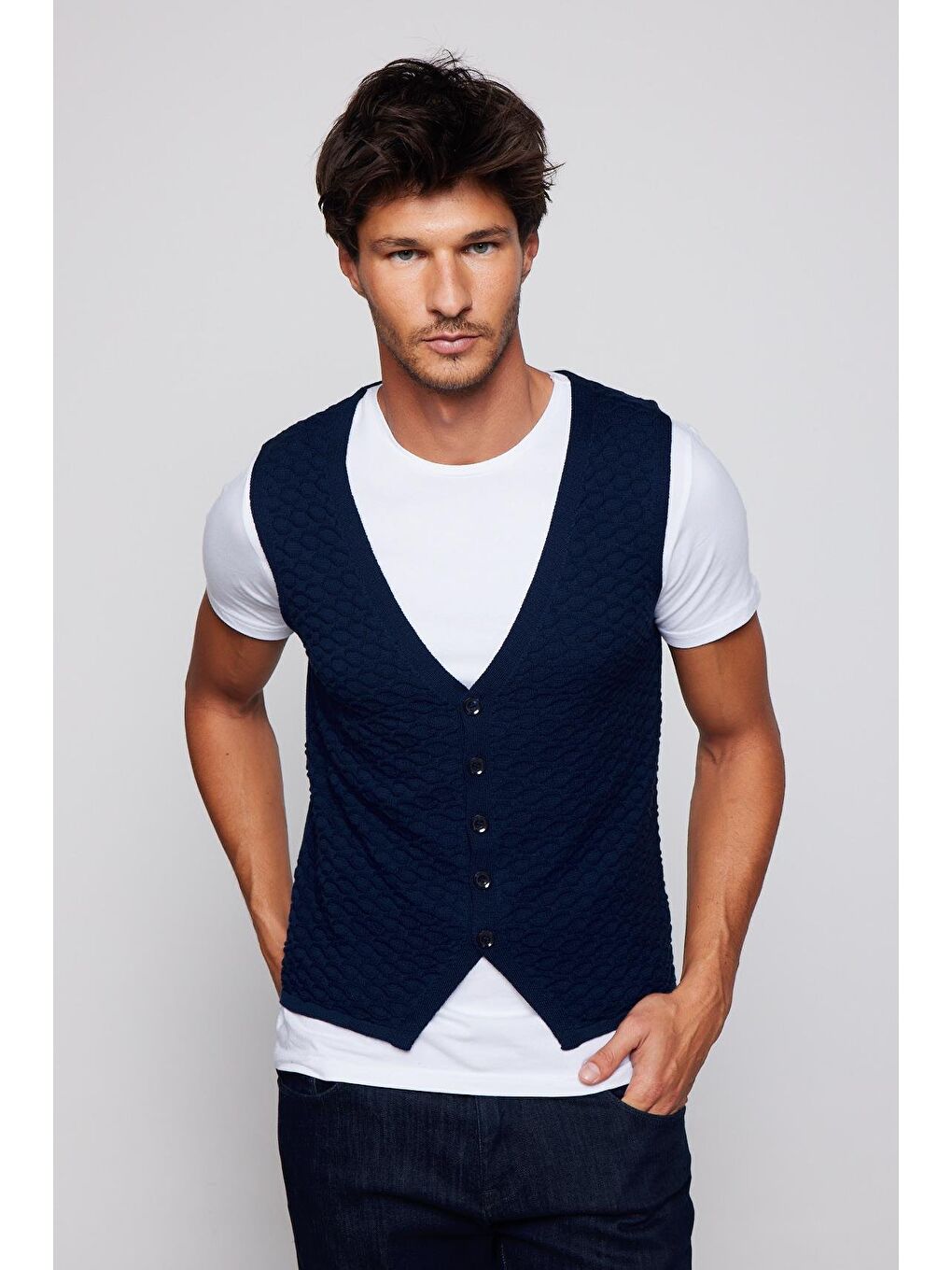 Slim Fit Desenli Lacivert Erkek Yelek