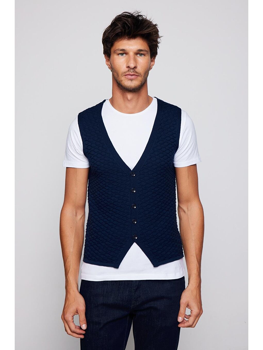 Slim Fit Desenli Lacivert Erkek Yelek-2