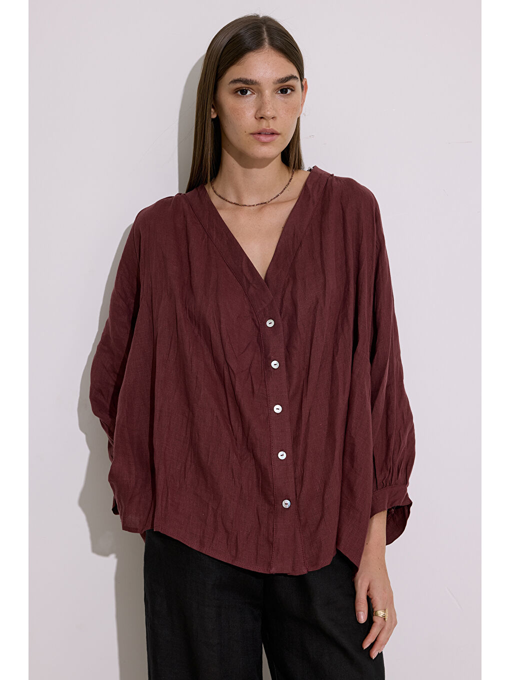 Mürdüm Keten Crush Düğmeli Bluz Erik Çürüğü-4