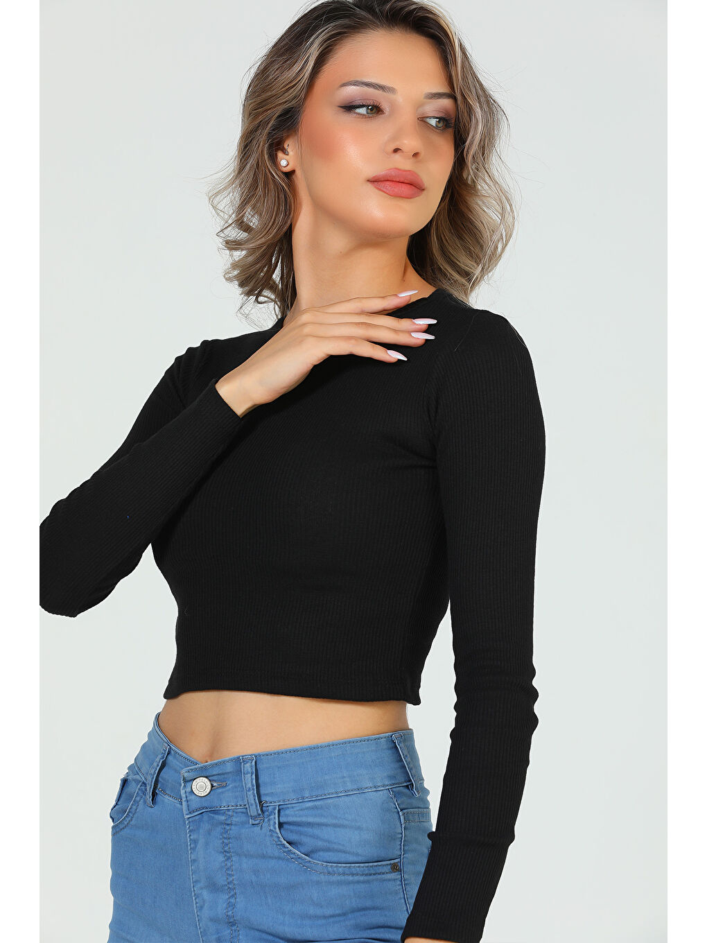 GÜLSELİ Siyah Kadın Bisiklet Yaka Kaşkorse Crop Body Bluz - 2