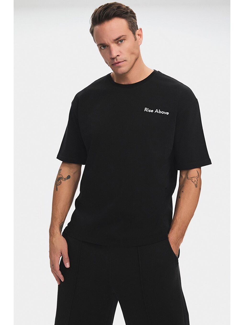 Siyah Erkek Oversize Slogan Baskılı Kalın Dokulu Tişört