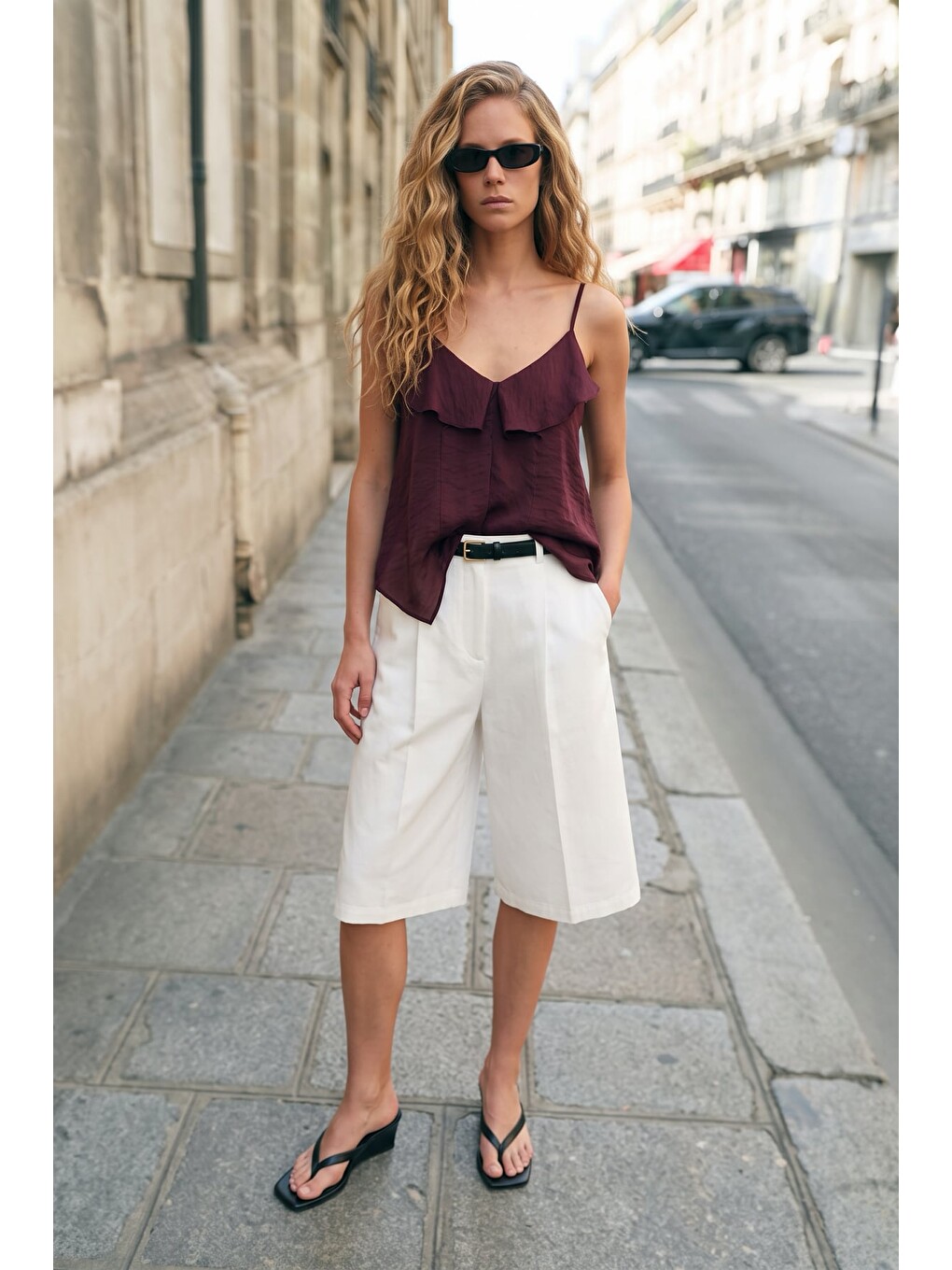 Fırfır Detaylı Askılı Bluz - Bordo-1
