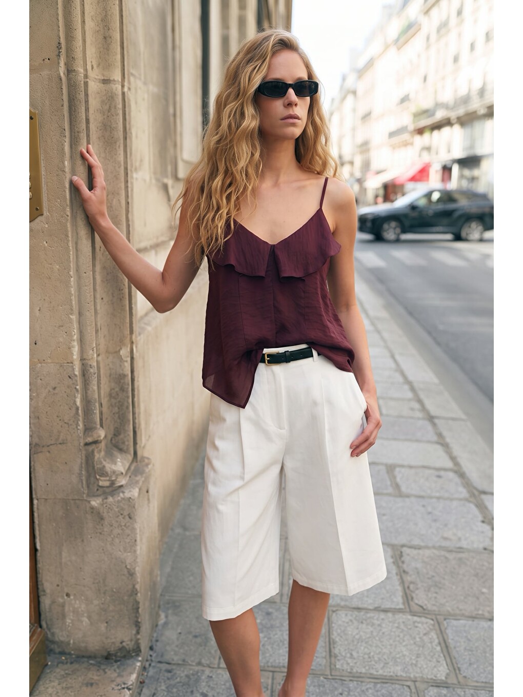 Fırfır Detaylı Askılı Bluz - Bordo-2