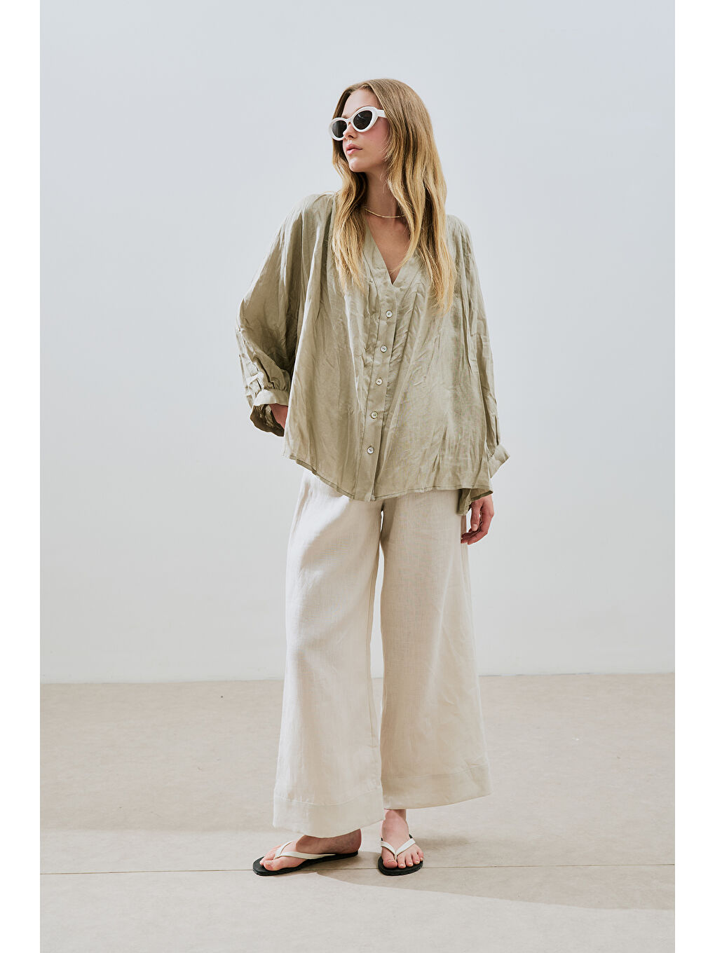 Keten Crush Düğmeli Bluz Yeşil-1