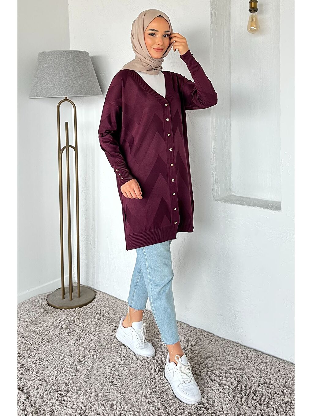 Mürdüm Ön Düğmeli Desenli Tesettür Triko Hırka (m-l-xl Uyumludur)