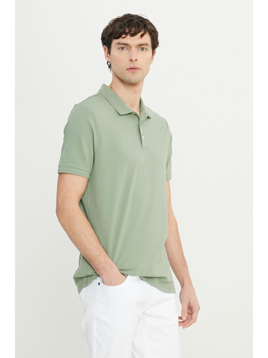 Erkek Su Yeşili Pamuklu Slim Fit Dar Kesim Polo Yaka Jakarlı Esnek Tişört-2
