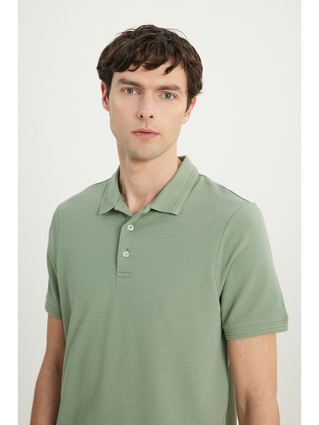 Erkek Su Yeşili Pamuklu Slim Fit Dar Kesim Polo Yaka Jakarlı Esnek Tişört-3