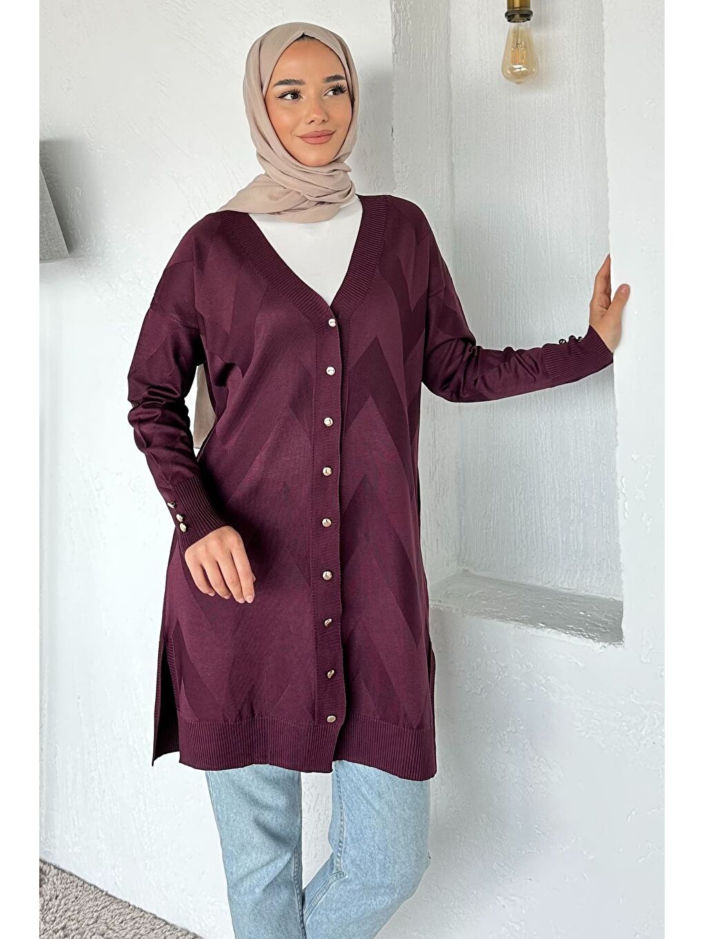 Mürdüm Ön Düğmeli Desenli Tesettür Triko Hırka (m-l-xl Uyumludur)-2