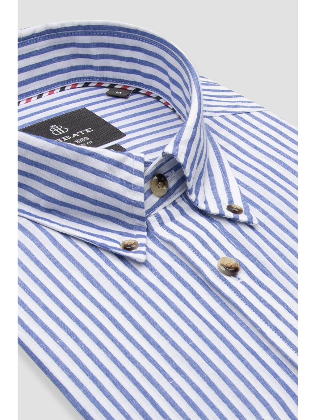Alba Keten Pamuk Keten Karışımlı Comfort Fit Koyu Mavi Düğmeli Yaka Erkek Çizgili Gömlek-1
