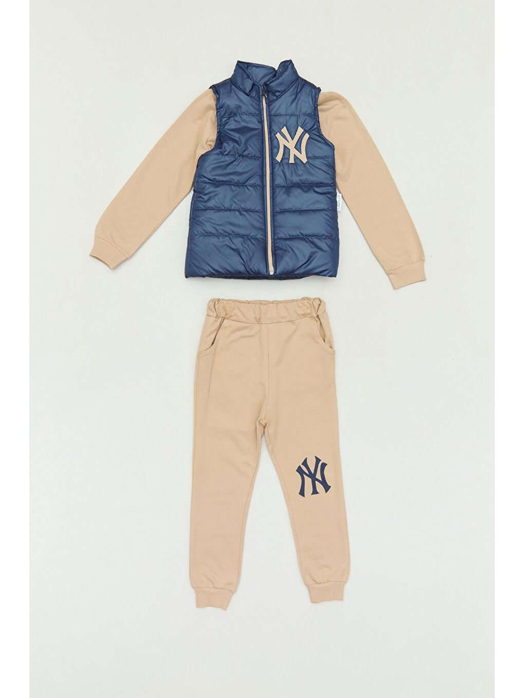 Kahverengi Ny Nakışlı Yelekli 3 Lü Jogger Erkek Çocuk Takım