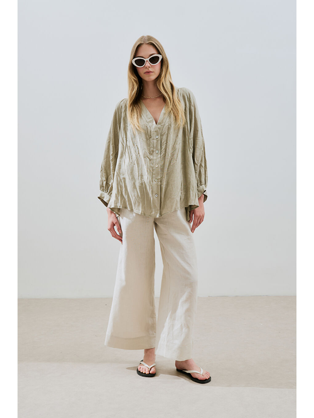 Keten Crush Düğmeli Bluz Yeşil-2