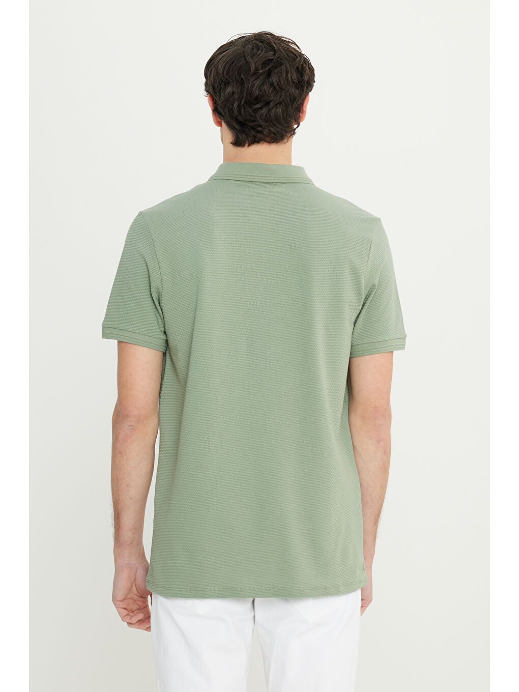 Erkek Su Yeşili Pamuklu Slim Fit Dar Kesim Polo Yaka Jakarlı Esnek Tişört-4