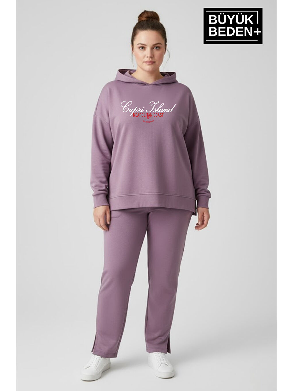 Lila Büyük Beden Kapüşonlu Capri İsland Baskılı Tunik ince Sweatshırt SPR26BTK991-2