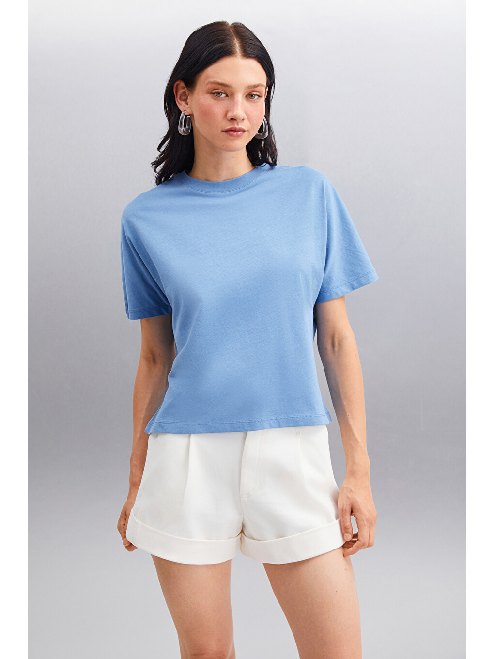İndigo LOTTIE Kadın %100 Organik Pamuklu Regular Kalıp Bisiklet Yaka Basic Kısa Kollu İNDİGO T-Shirt