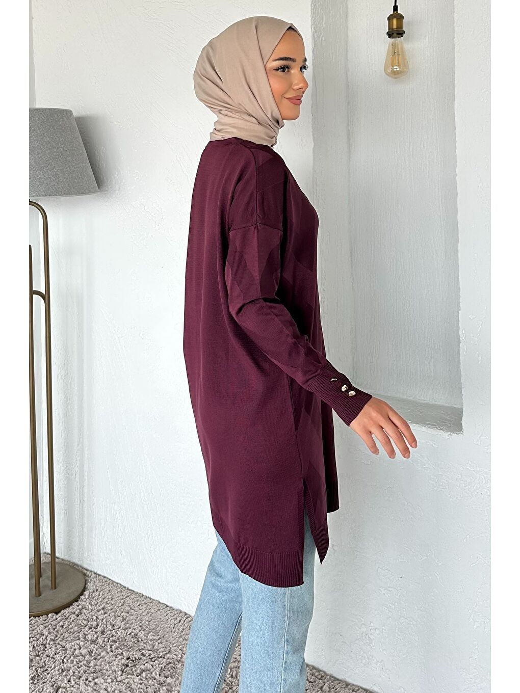 Mürdüm Ön Düğmeli Desenli Tesettür Triko Hırka (m-l-xl Uyumludur)-4