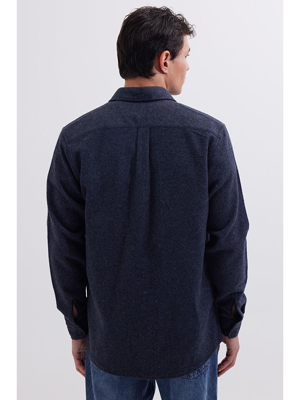 Erkek Regular Fit Klasik Kesim Düz Cepli Koyu İndigo Oduncu Gömlek-6