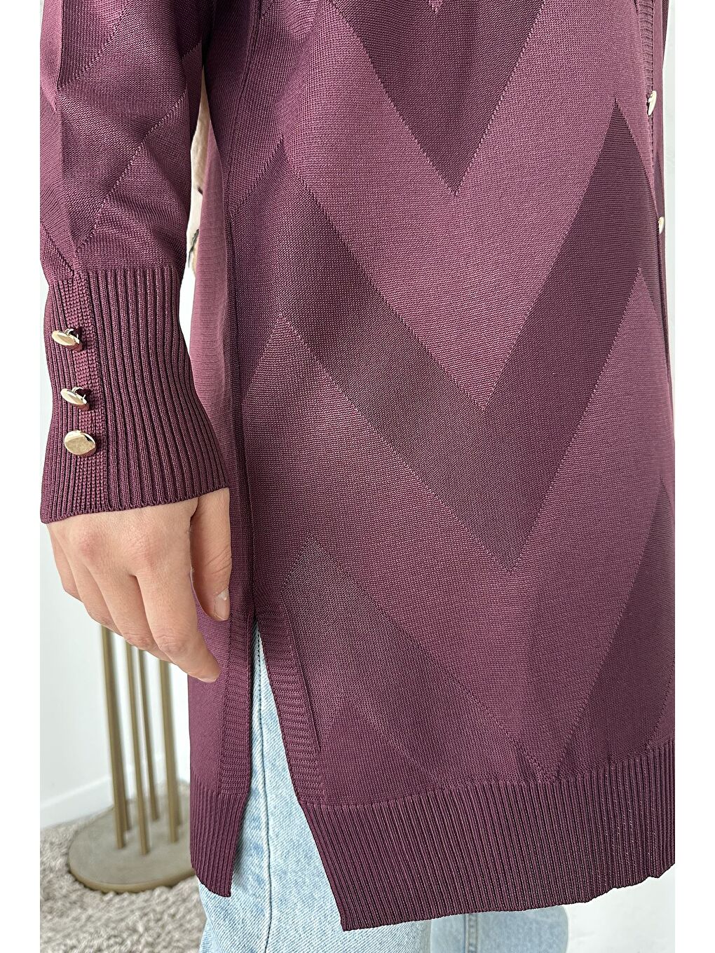 Mürdüm Ön Düğmeli Desenli Tesettür Triko Hırka (m-l-xl Uyumludur)-6