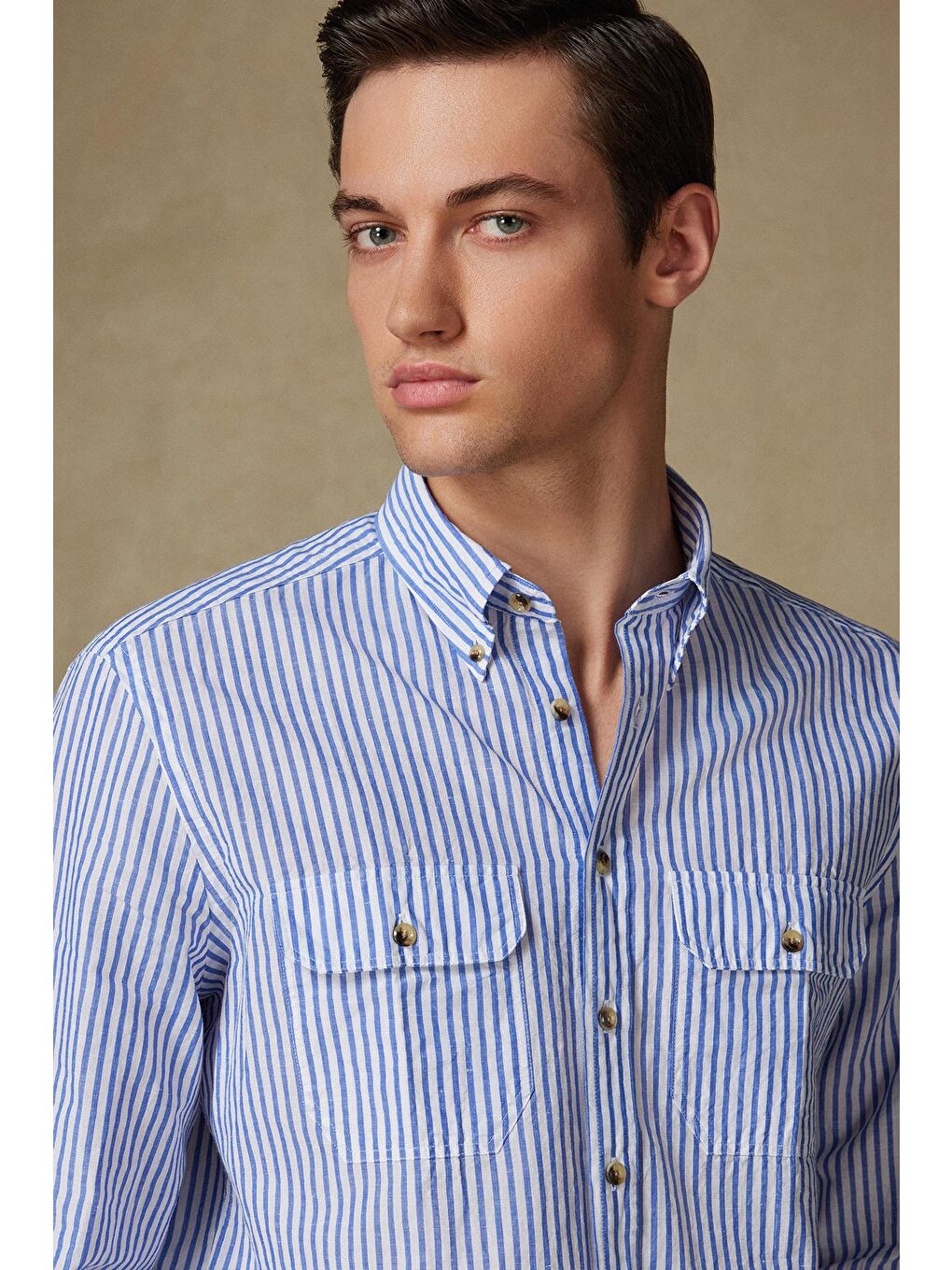 Alba Keten Pamuk Keten Karışımlı Comfort Fit Koyu Mavi Düğmeli Yaka Erkek Çizgili Gömlek-2