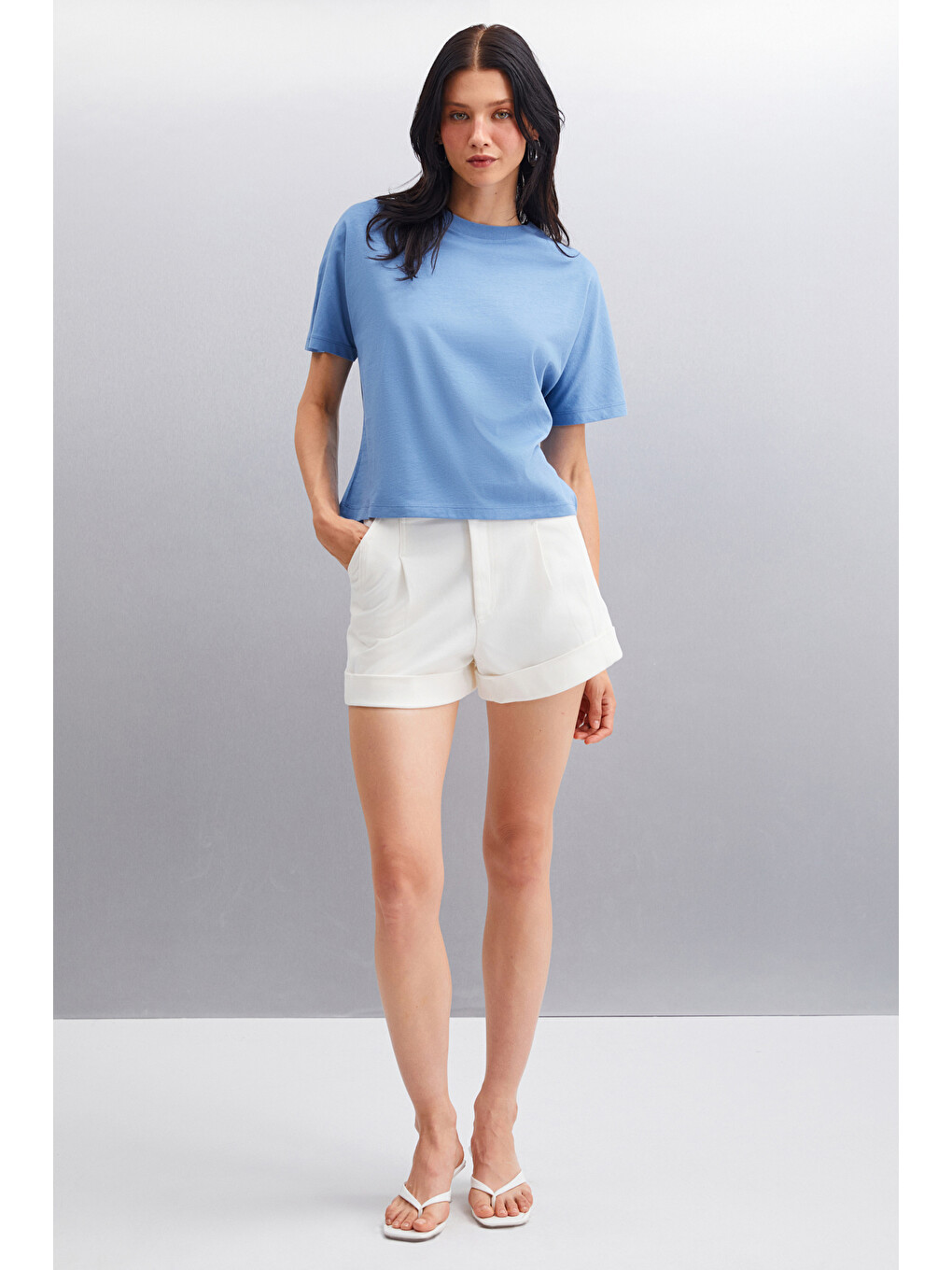 İndigo LOTTIE Kadın %100 Organik Pamuklu Regular Kalıp Bisiklet Yaka Basic Kısa Kollu İNDİGO T-Shirt-1