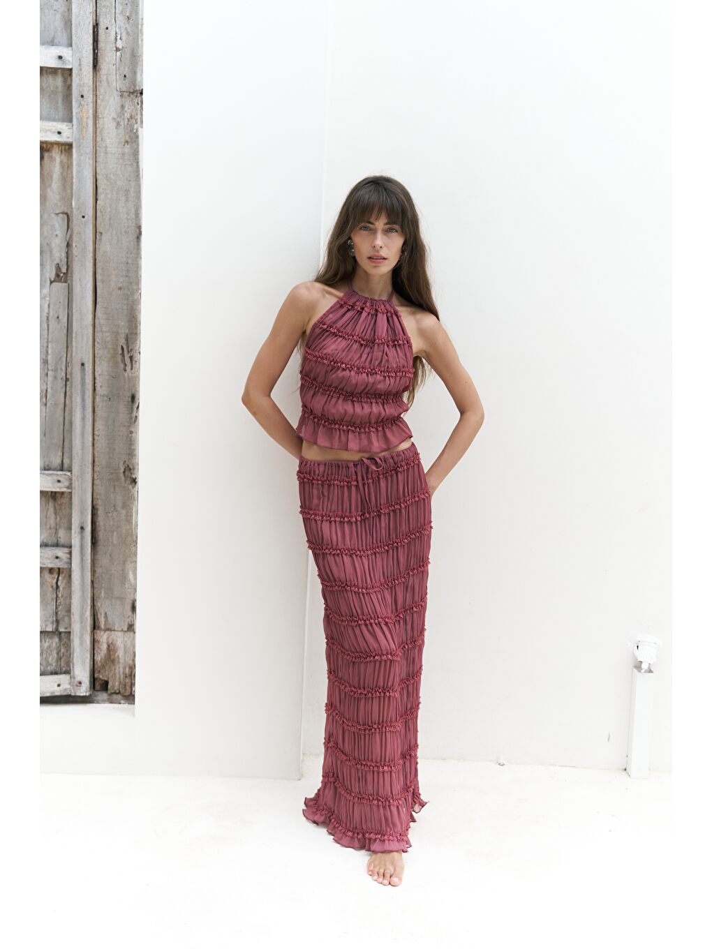 Sofi Transparan Açık Bordo Crop Etek Takım-1