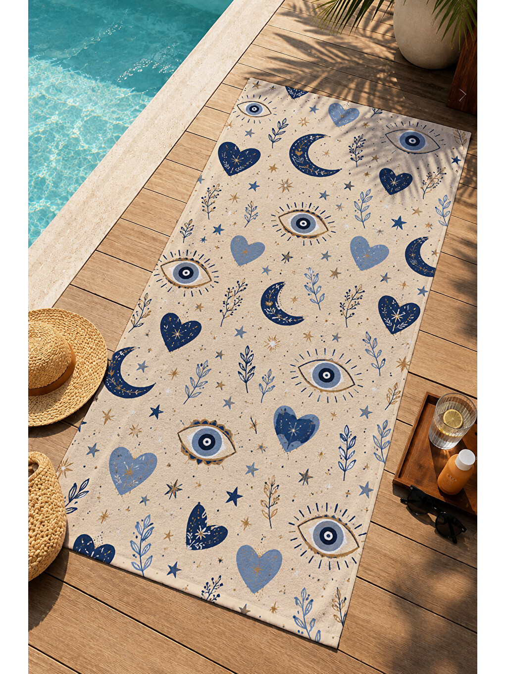 Lacivert Bohem Nazar Gözü Ay Yıldızlı Spiritüel Motifli Desenli 70x150 Plaj Havlusu - Pamuklu Banyo Havlusu-4