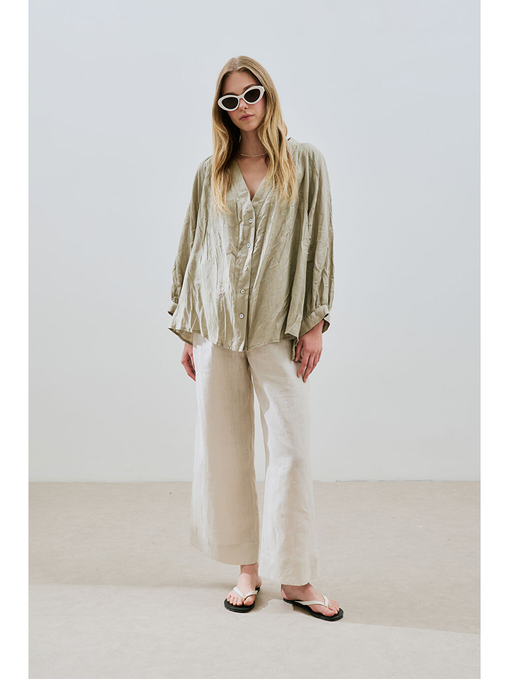 Keten Crush Düğmeli Bluz Yeşil-3