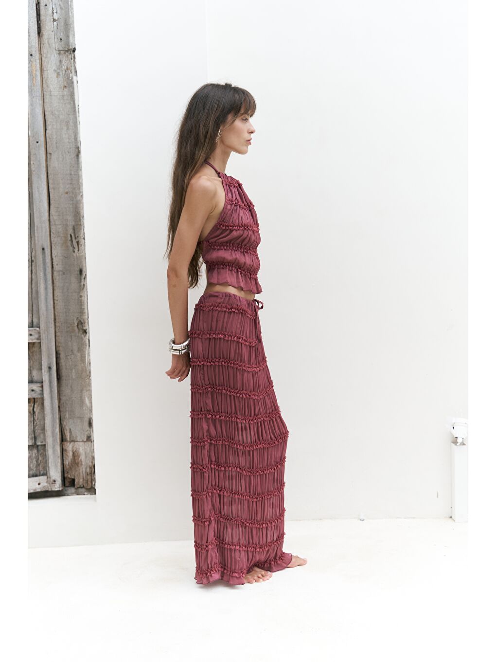 Sofi Transparan Açık Bordo Crop Etek Takım-2