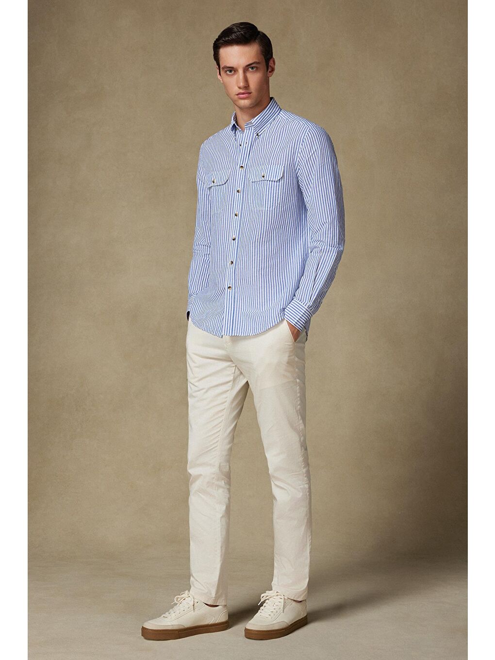 Alba Keten Pamuk Keten Karışımlı Comfort Fit Koyu Mavi Düğmeli Yaka Erkek Çizgili Gömlek-3