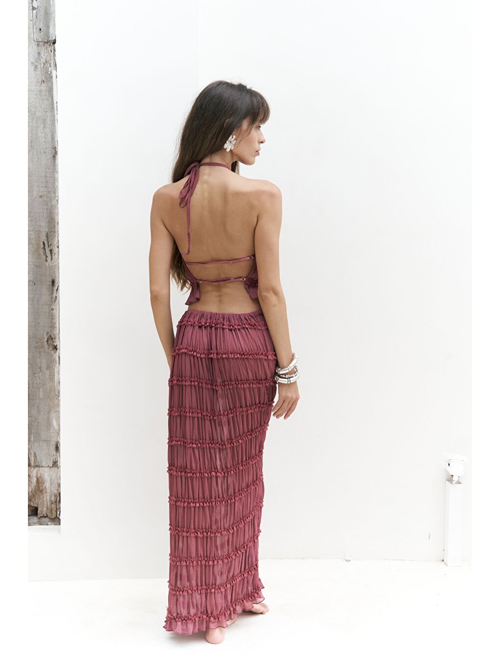 Sofi Transparan Açık Bordo Crop Etek Takım-3