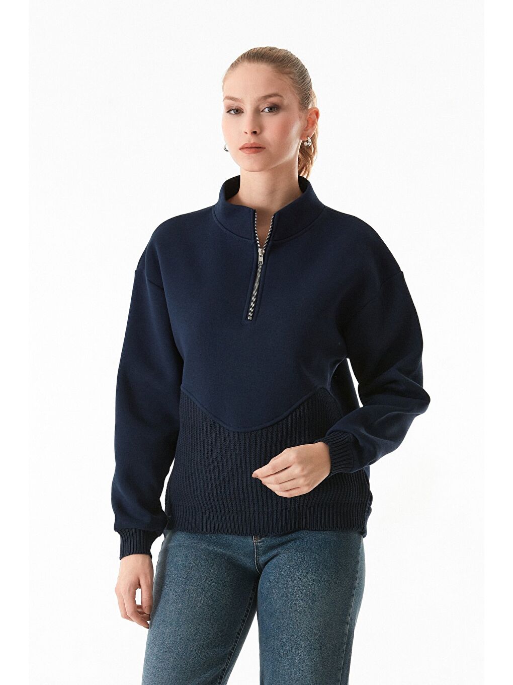 Lacivert 3 İplik Triko Detaylı Yarım Fermuarlı Dik Yaka Sweatshirt