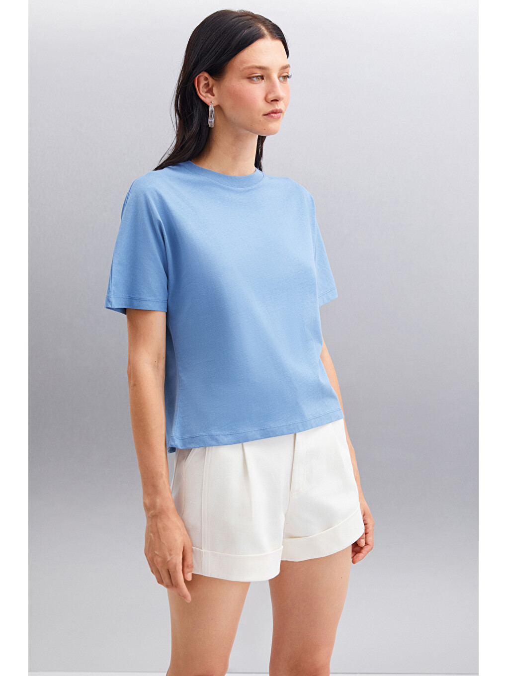 İndigo LOTTIE Kadın %100 Organik Pamuklu Regular Kalıp Bisiklet Yaka Basic Kısa Kollu İNDİGO T-Shirt-2
