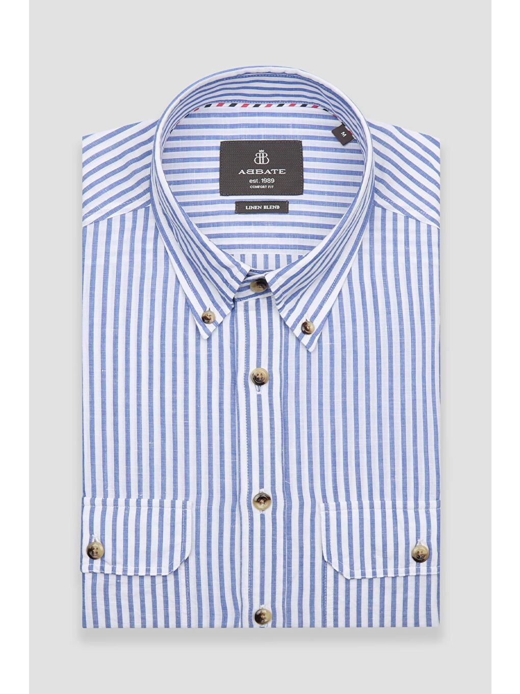 Alba Keten Pamuk Keten Karışımlı Comfort Fit Koyu Mavi Düğmeli Yaka Erkek Çizgili Gömlek-4