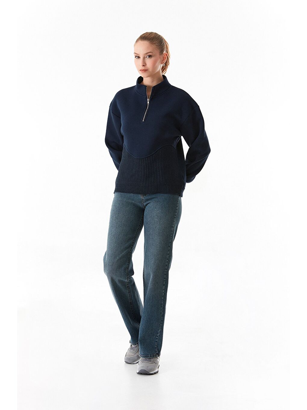 Lacivert 3 İplik Triko Detaylı Yarım Fermuarlı Dik Yaka Sweatshirt-2
