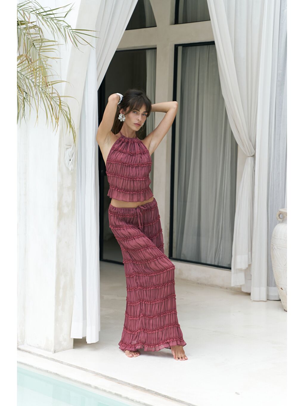 Sofi Transparan Açık Bordo Crop Etek Takım-4