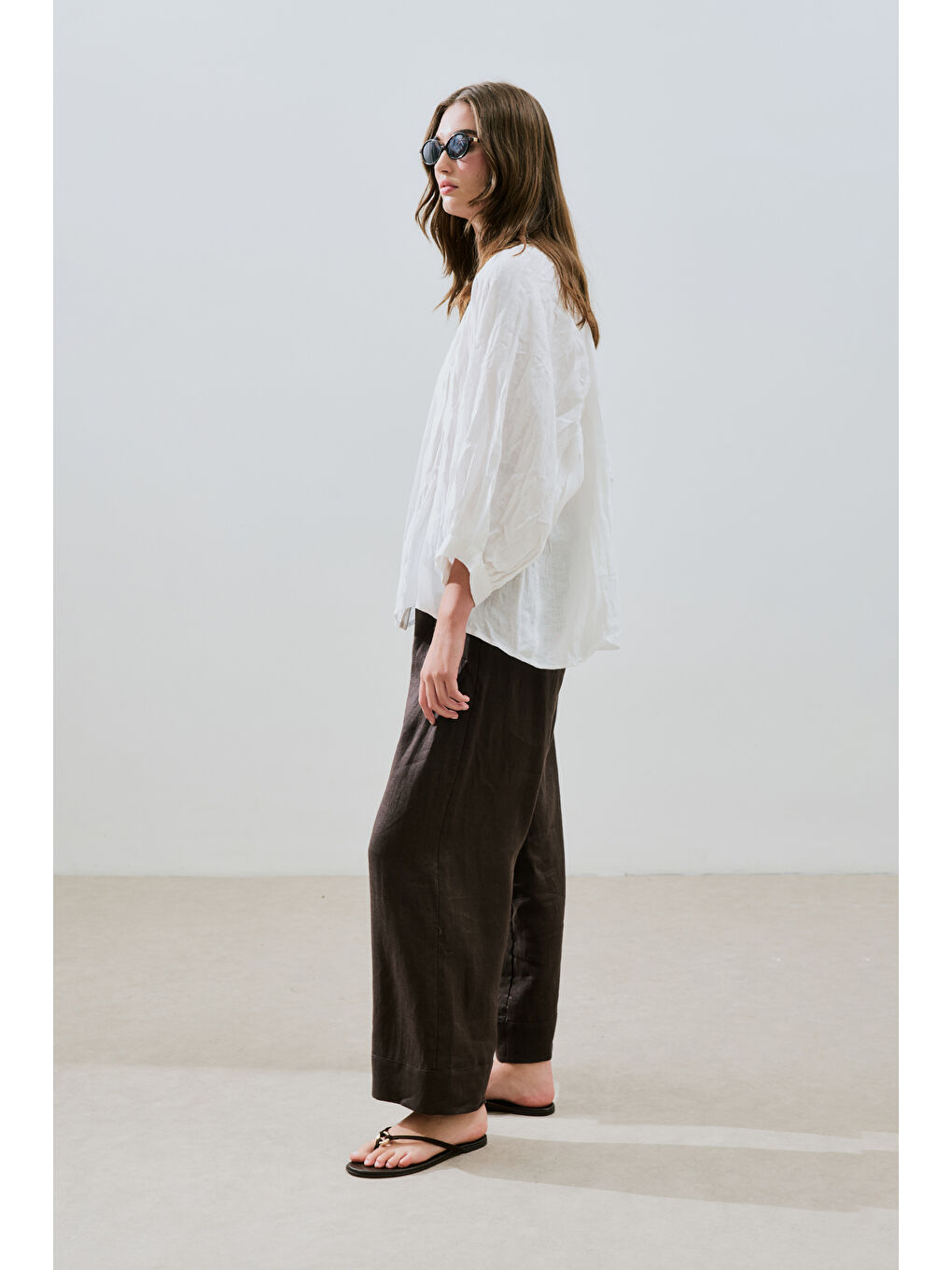 Keten Crush Düğmeli Bluz Ekru-1