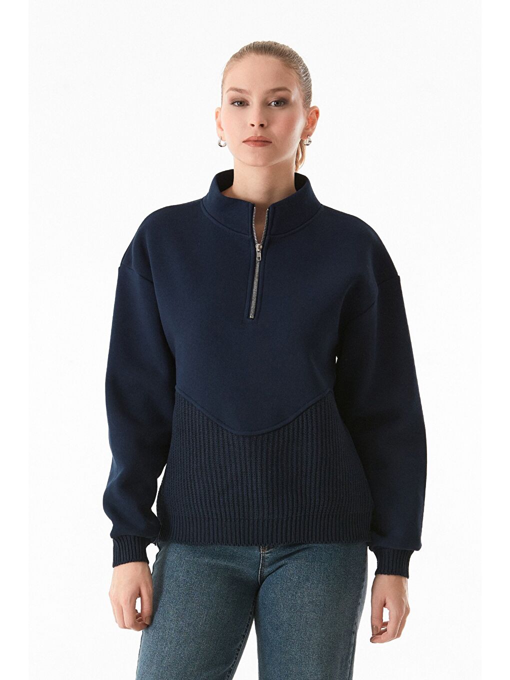 Lacivert 3 İplik Triko Detaylı Yarım Fermuarlı Dik Yaka Sweatshirt-3
