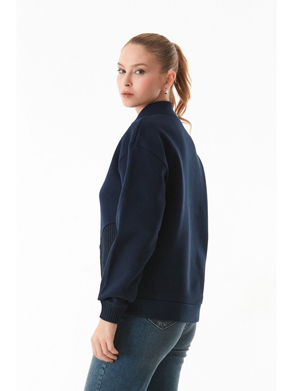 Lacivert 3 İplik Triko Detaylı Yarım Fermuarlı Dik Yaka Sweatshirt-4