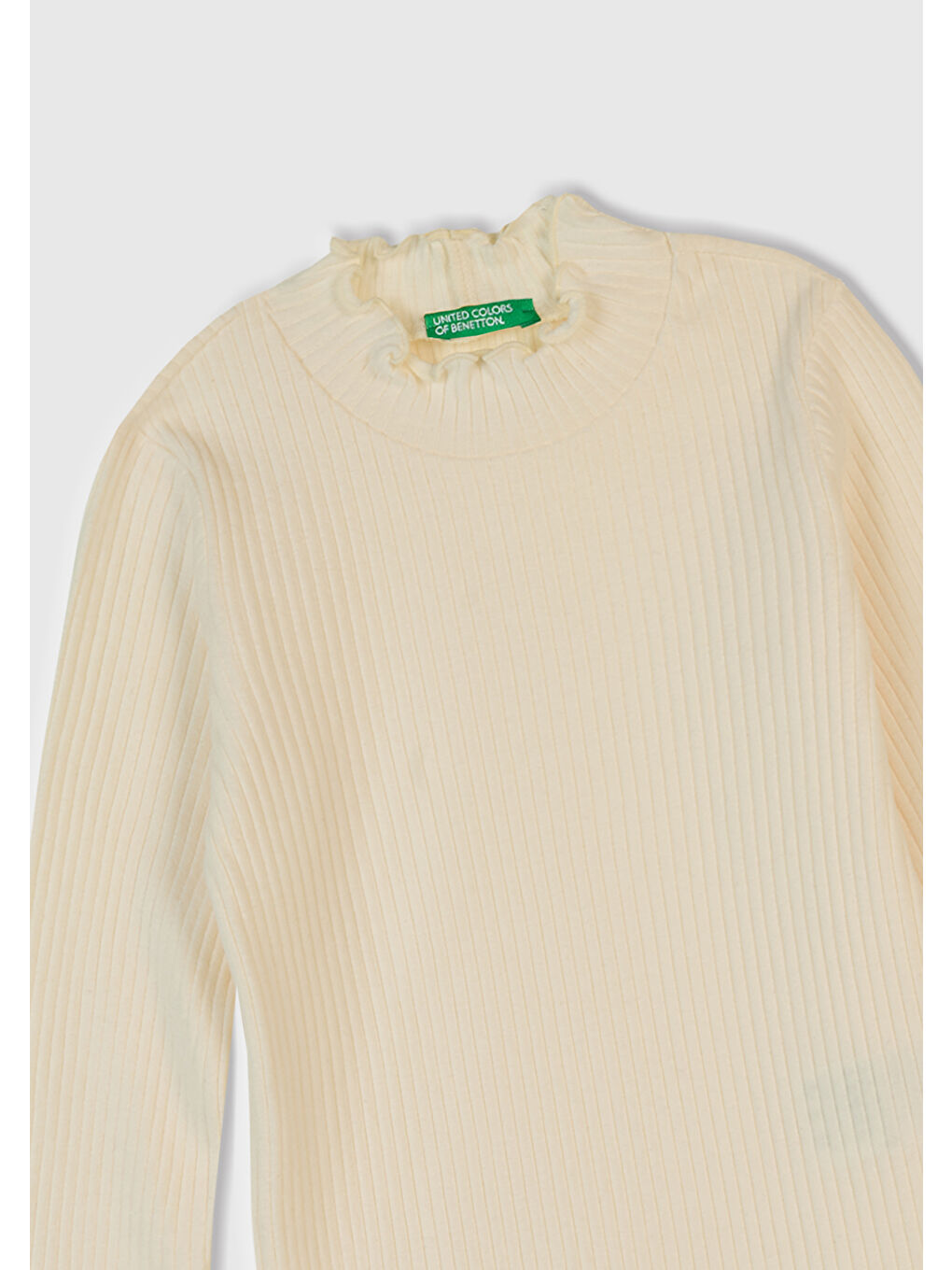 Kız Çocuk Ekru Logo Etiketli Fırfır Detaylı Bebe Yaka Uzun Kollu T-Shirt-1