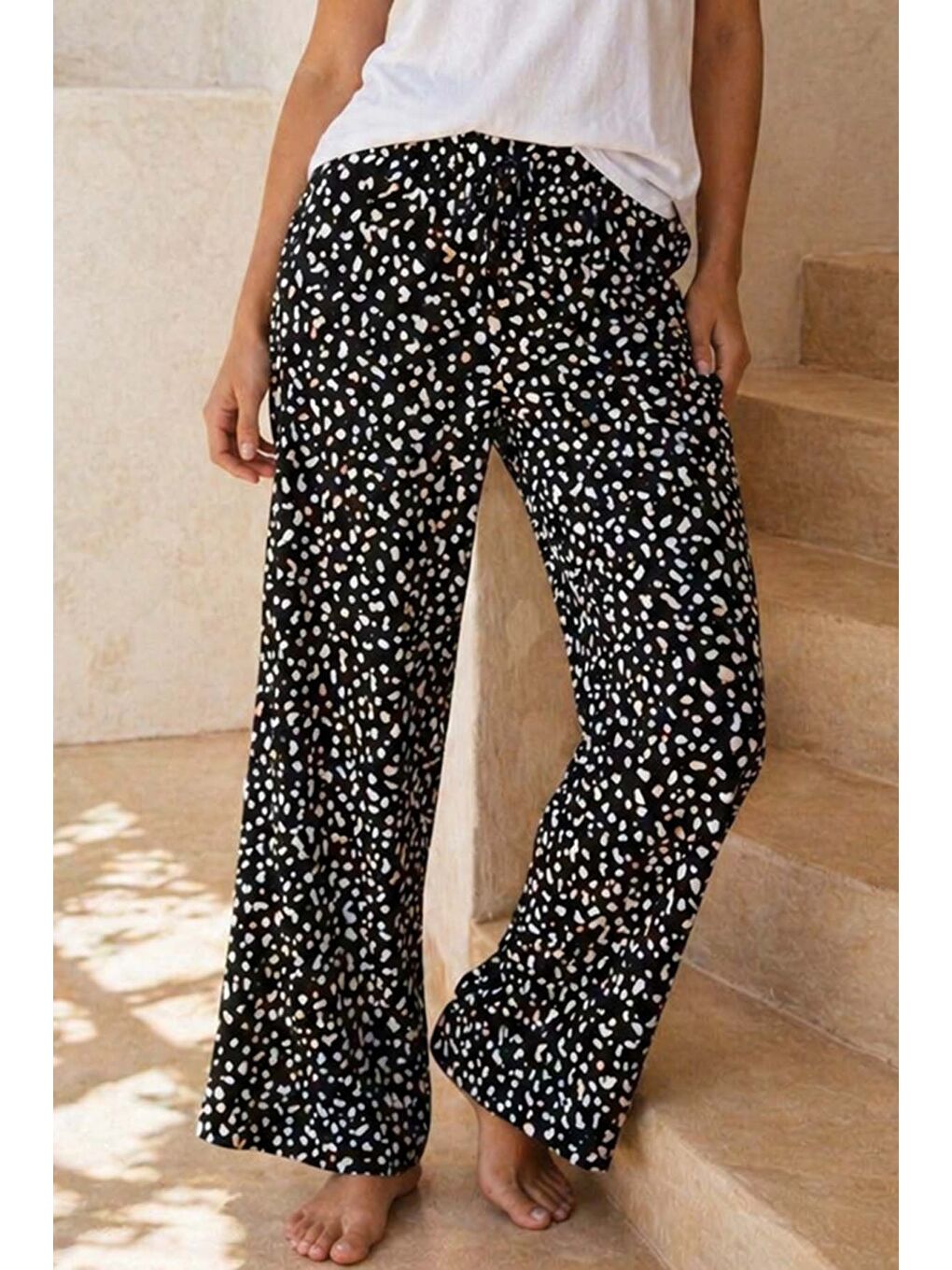 Büyük Beden Kadın Viskon Kumaş Beyaz Puantiye Desen Penye Battal Tek Pijama Alt 19 Siyah04-1