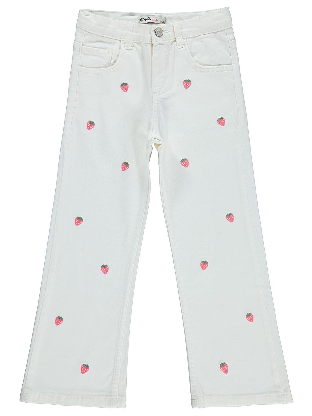 Girls Çilek Nakışlı 6-9 Yaş Pantolon - Kırık Beyaz
