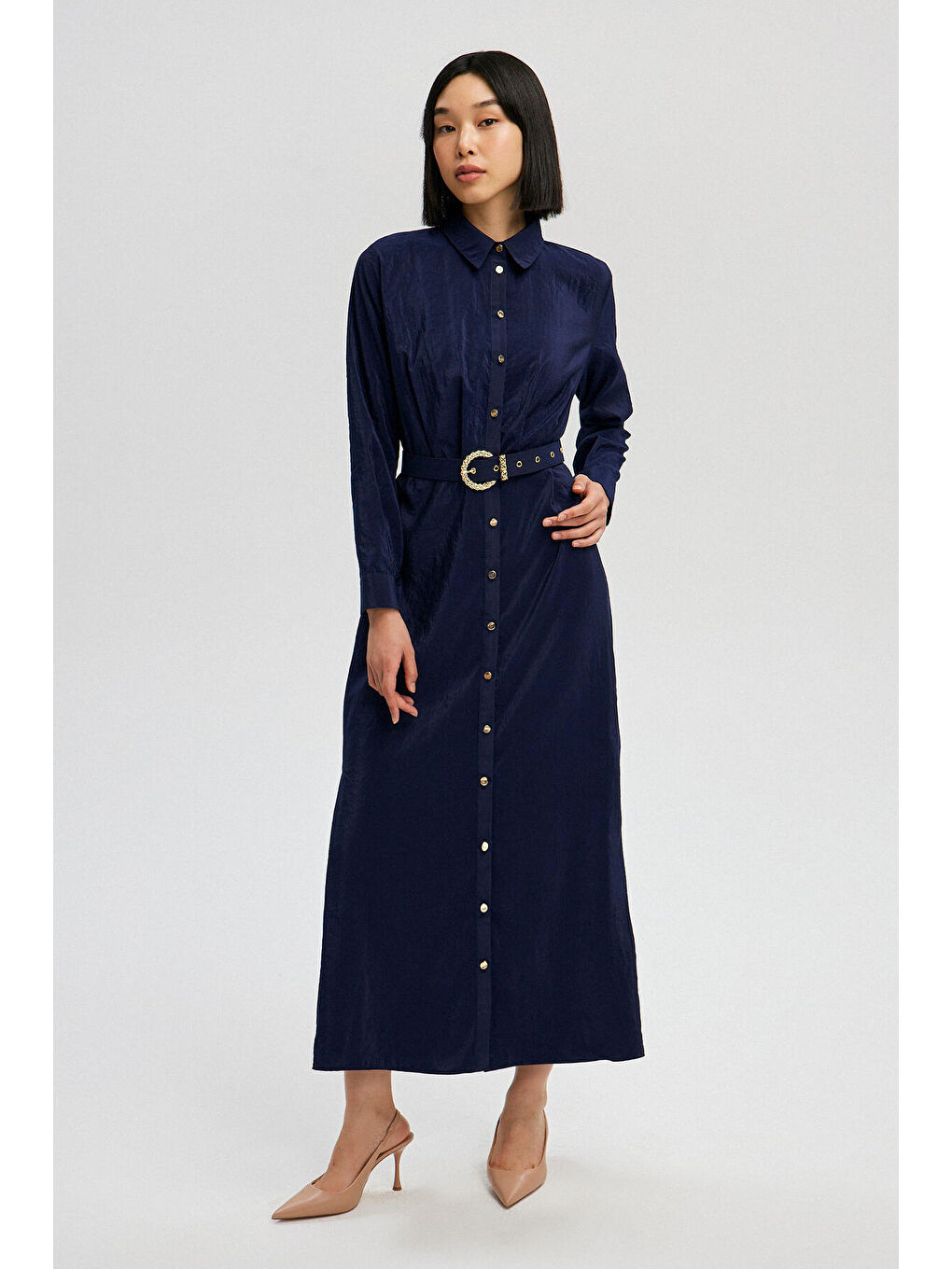 Lacivert Kemerli Gömlek Elbise-1