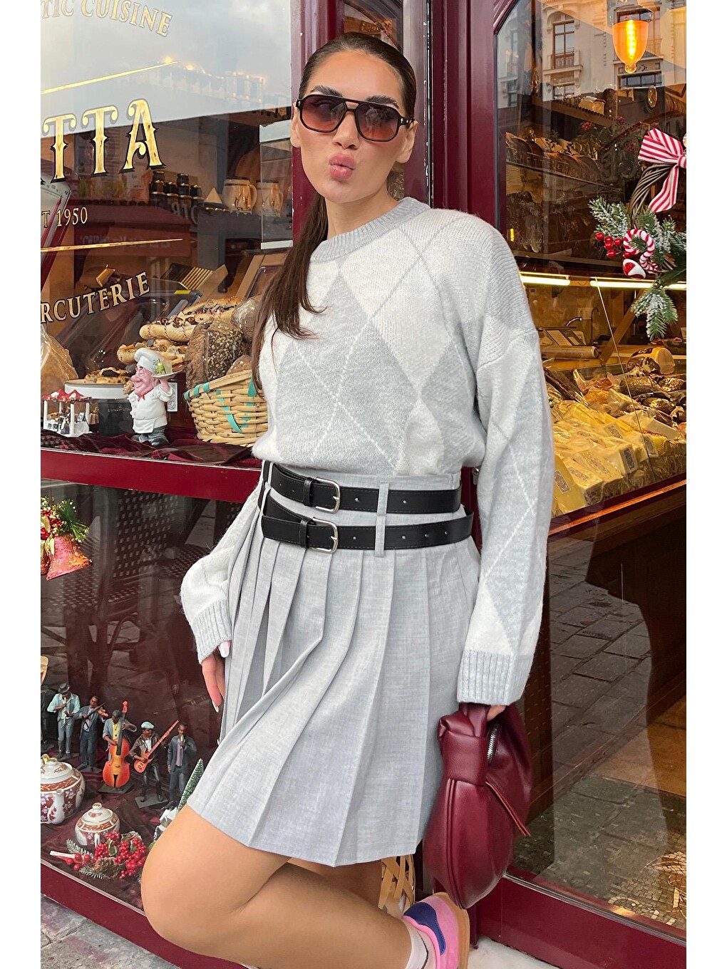 Gri Baklava Desen Kadın Triko Kazak Mg2190-6
