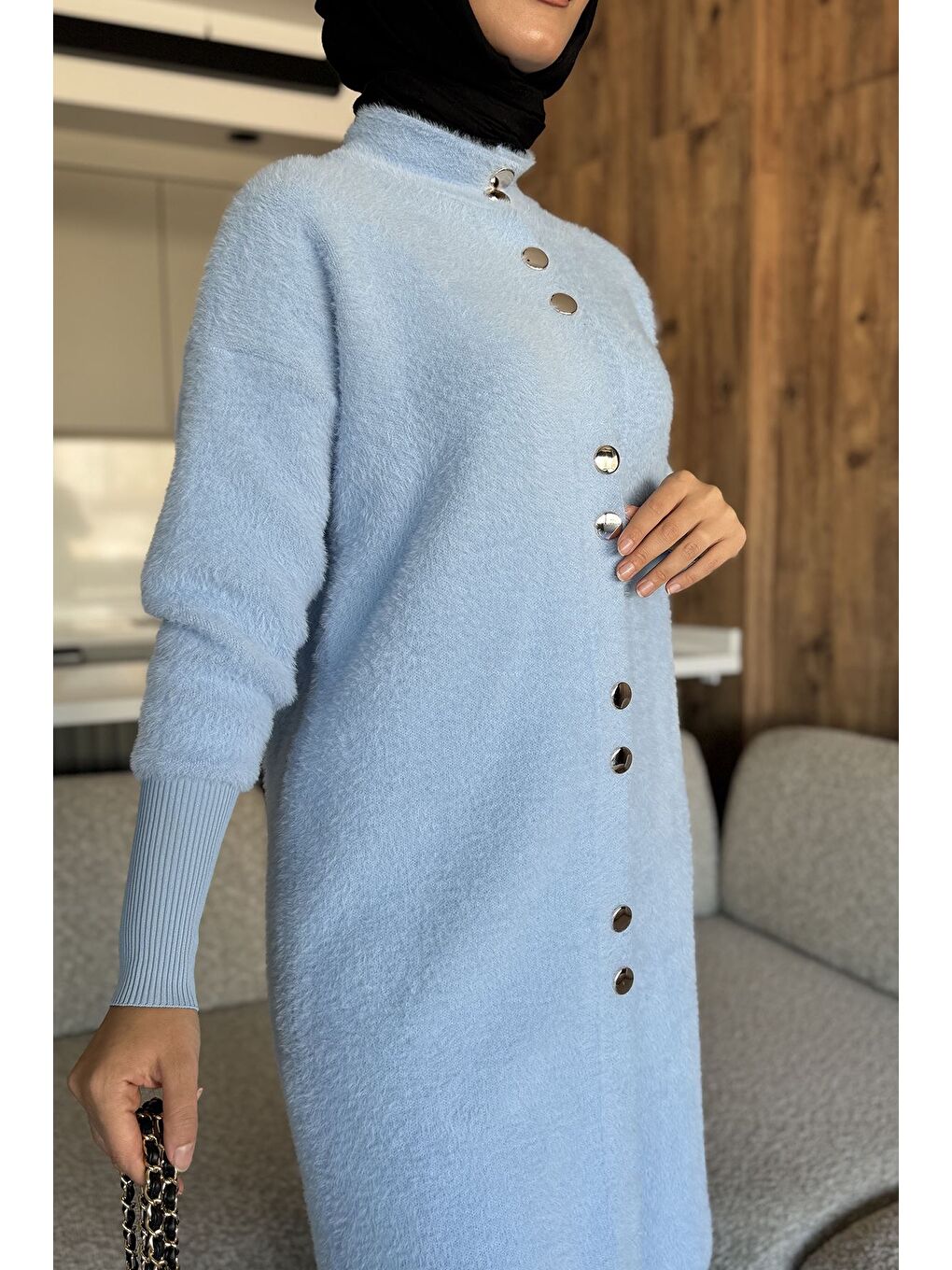 Mavi Gold Düğmeli Tesettür Yumoş Triko Hırka-5