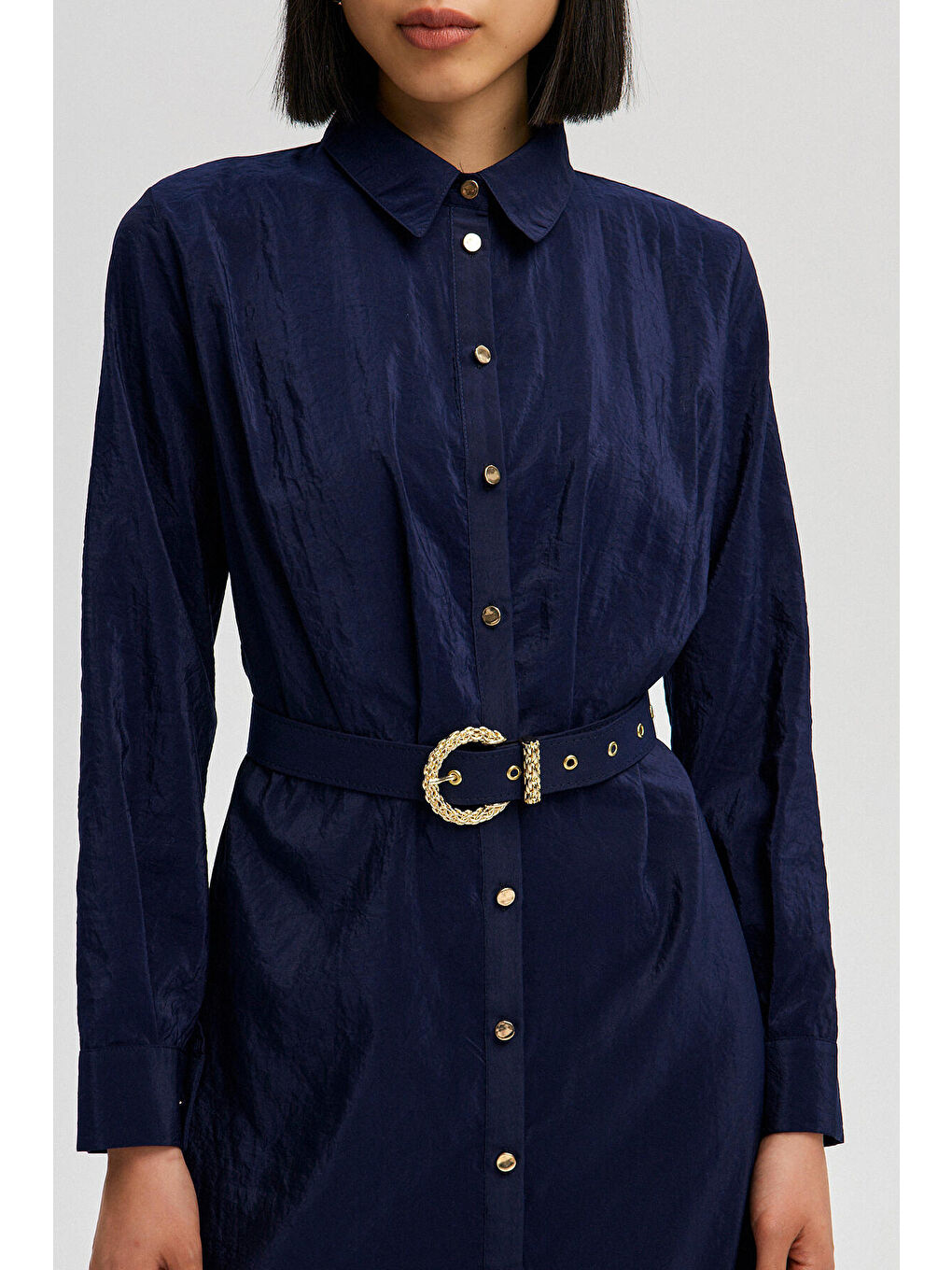 Lacivert Kemerli Gömlek Elbise-4