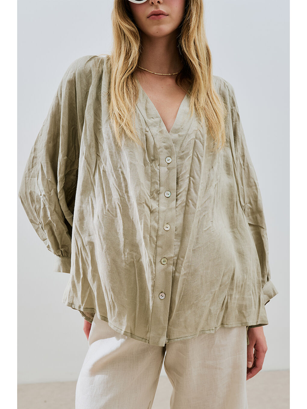 Keten Crush Düğmeli Bluz Yeşil-4