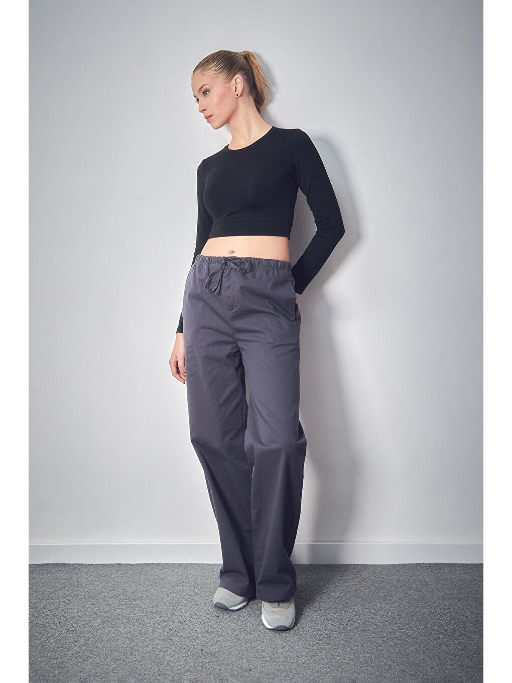 Gri Beli Lastikli Cepli Palazzo Pantolon